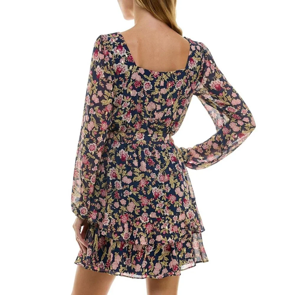 NWT City Studio Square-Neck Fit Flare Shear Lined Dress Navy Blue Multi S